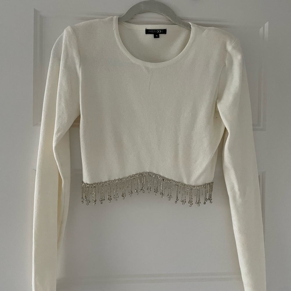 White rhinestone Fringe Crop Top